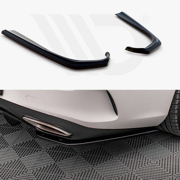 Black car accessories are displayed above; below, they are attached to a white car's rear bumper, parked on a patterned gray floor. The bottom edge of a license plate reads "AMG".