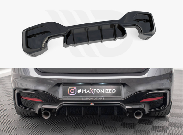 A black car diffuser rests on a white background. Below, it is installed on a car's rear, featuring dual exhausts and hashtag "#MAXTONIZED CLAROMOTORS" on a license plate.