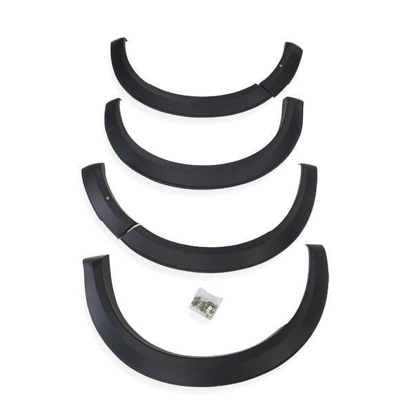 Four black plastic fender flares arranged vertically, each slightly curved, with a small bag of screws below, placed against a plain white background.