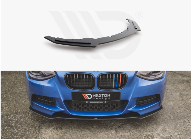 A black car front splitter is shown separately above and affixed to a blue car’s front bumper. The car is pictured on concrete. Text: "MAXTON design."