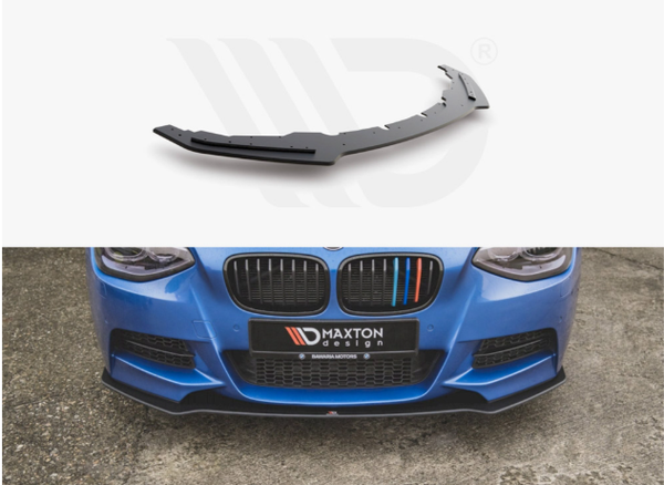 A black car front splitter is shown separately above and affixed to a blue car’s front bumper. The car is pictured on concrete. Text: "MAXTON design."