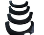 Four black fender flares, lined with rivets, are arranged in descending size order on a plain white background.