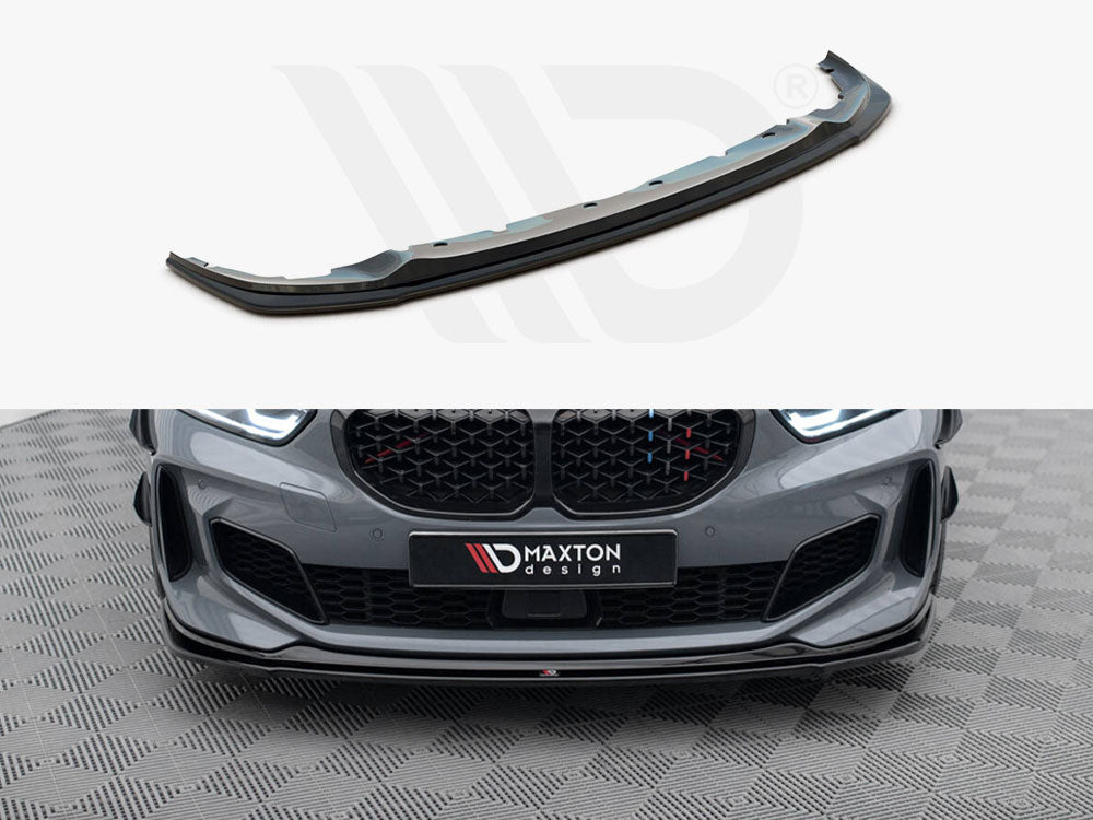 A black car front splitter is shown separately and attached to a gray car, enhancing the bumper's aerodynamics. The background features a checkered floor. Text reads "MAXTON design."