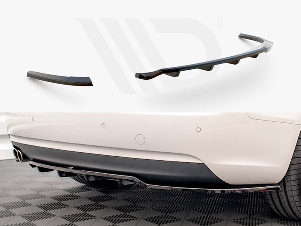 Two black car rear diffusers are displayed; one is curved with fins, while the other is a straight extension. Below, a white car's rear bumper shows a diffuser installed.