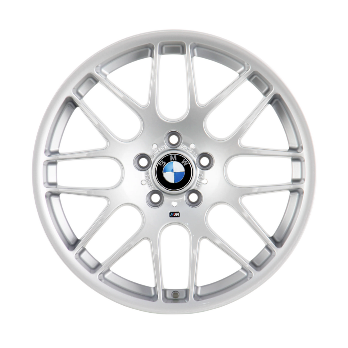 A silver alloy wheel with a BMW logo at the center, displaying multiple spokes, set against a plain white background.