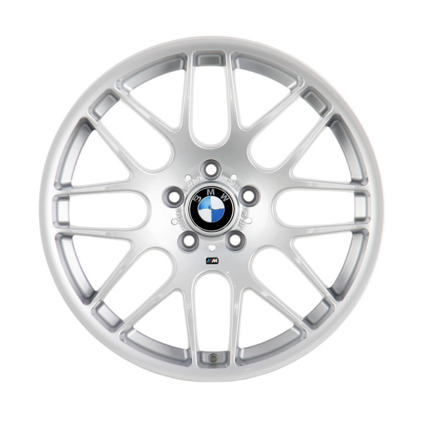 A silver alloy wheel with a BMW logo at the center, displaying multiple spokes, set against a plain white background.