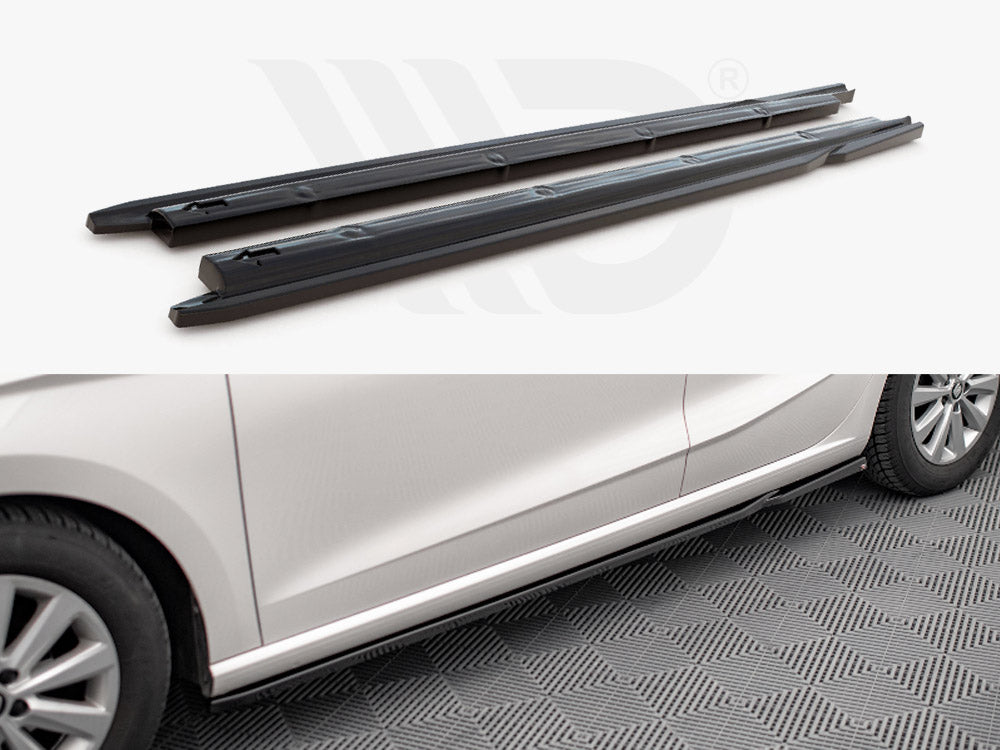 Two black side skirts are shown detached above, with the lower section displaying them installed on a white car parked on a patterned floor. No text is present.