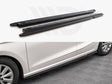 Two black side skirts are shown detached above, with the lower section displaying them installed on a white car parked on a patterned floor. No text is present.