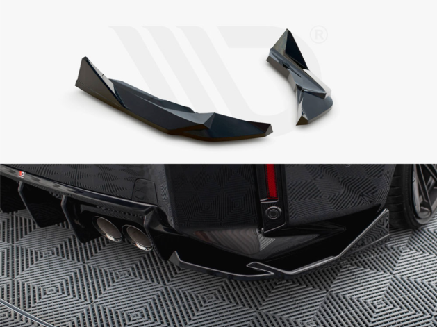 Two black car spoilers are shown. They are sleek and angular, designed for a vehicle's rear. The lower section depicts a car's rear bumper with a diffuser and dual exhaust pipes, set against a patterned floor.