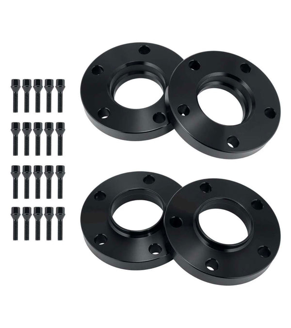 Four black wheel spacers with five-hole patterns are arranged in pairs. Sixteen black bolts are aligned vertically beside them, set against a white background.