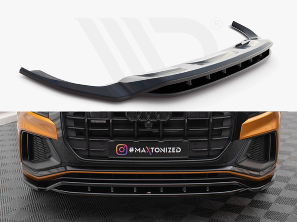 A black car front splitter lies on a white surface; below, it is installed on an Audi vehicle with a black grille, displaying the hashtag "#MAXTONIZED" on a license plate placeholder.