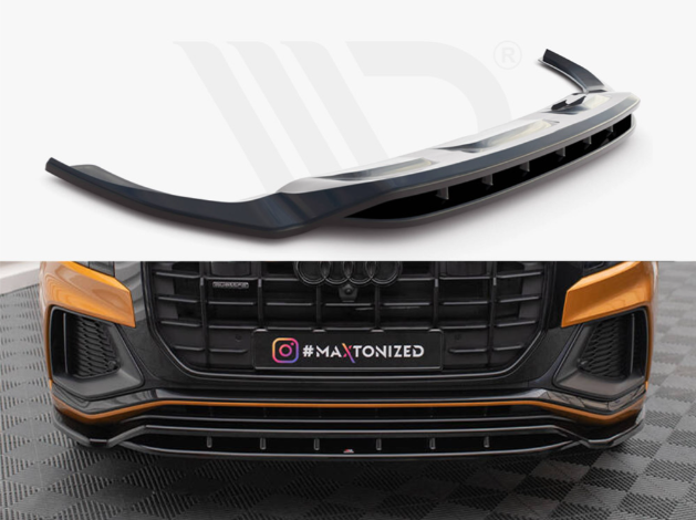 A black car front splitter lies on a white surface; below, it is installed on an Audi vehicle with a black grille, displaying the hashtag "#MAXTONIZED" on a license plate placeholder.