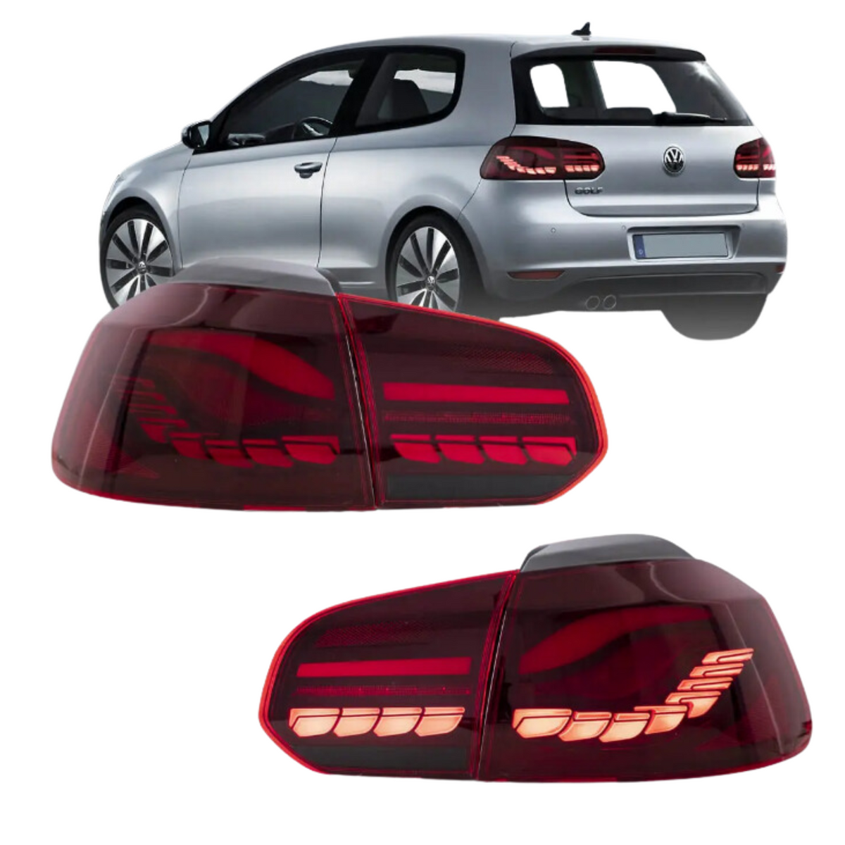 Tail lights are displayed, showing a sleek red design, set against a background image of a silver hatchback car with visible brand and model logos.