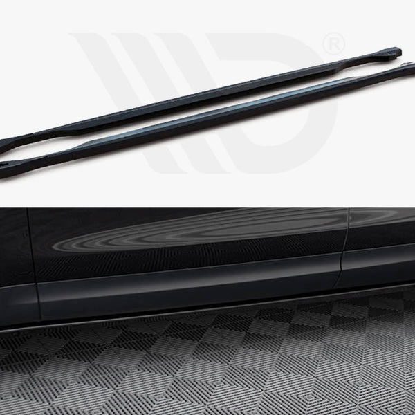 Two black side skirts lie parallel on a light background. Below, they're installed on a car's lower side, parked on a patterned floor.