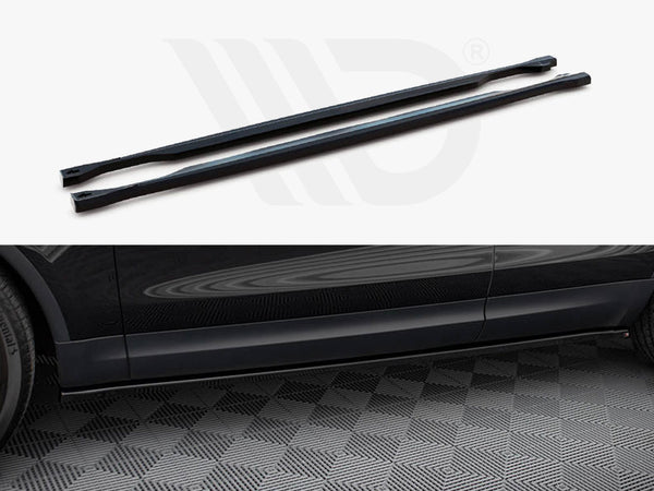 Two black side skirts lie parallel on a light background. Below, they're installed on a car's lower side, parked on a patterned floor.