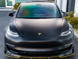 Car facing forward, black matte finish, with yellow accents and Tesla logo visible. Parked on an asphalt surface, flanked by green plants and modern white building in the background.