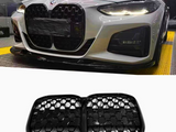 Car with a large black grille parked on a patterned floor in an indoor setting. Below it, a close-up of a black honeycomb grille displayed on a white background.