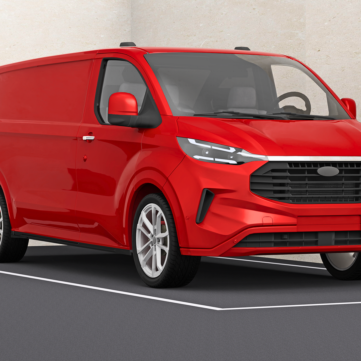 A red van is parked on a two-tone floor with a beige wall backdrop, displaying a modern aerodynamic design and sleek wheel rims.