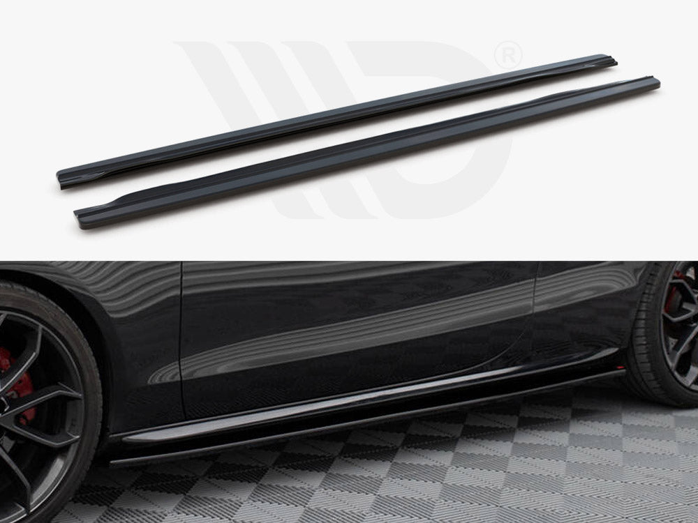 Two black side skirts are displayed, one above the other. Below, a black car with similar side skirts is parked on a checkered floor, showcasing their installed appearance.