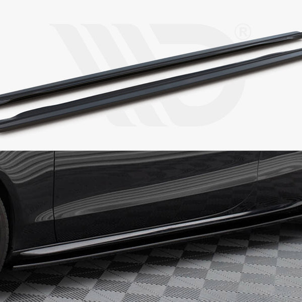 Two black side skirts are displayed, one above the other. Below, a black car with similar side skirts is parked on a checkered floor, showcasing their installed appearance.