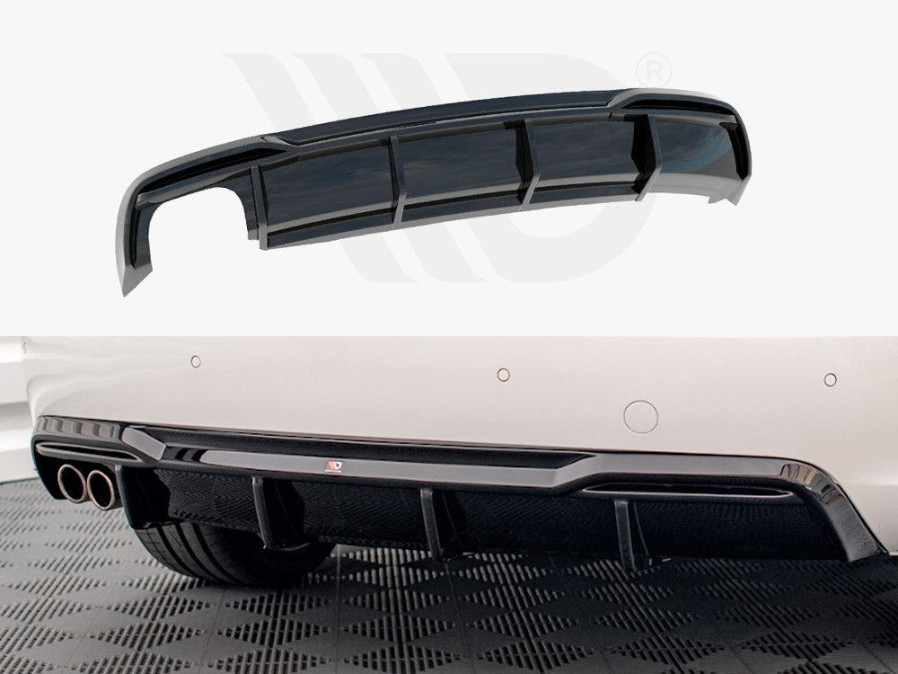 Glossy black rear diffuser; static; attached to white car's bumper with quad exhaust pipes, detailed floor pattern beneath.