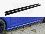 Black side skirt extensions are shown in two parts: aligned and installed. The installed view displays the extensions attached to a blue car parked on a brick-patterned driveway.