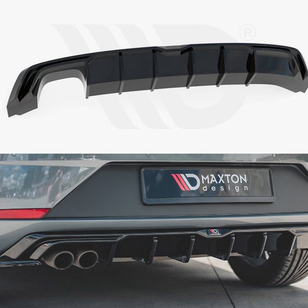 A black car rear diffuser is shown, unattached in the upper image. The lower image shows the diffuser installed on a car bumper with the text "MAXTON design" on a plate beneath.