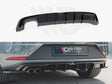 A black car rear diffuser is shown, unattached in the upper image. The lower image shows the diffuser installed on a car bumper with the text "MAXTON design" on a plate beneath.