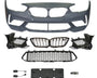 A collection of automotive parts includes a bumper cover, radiator grilles, and mounting brackets arranged on a plain background, suggesting components for vehicle front-end assembly.