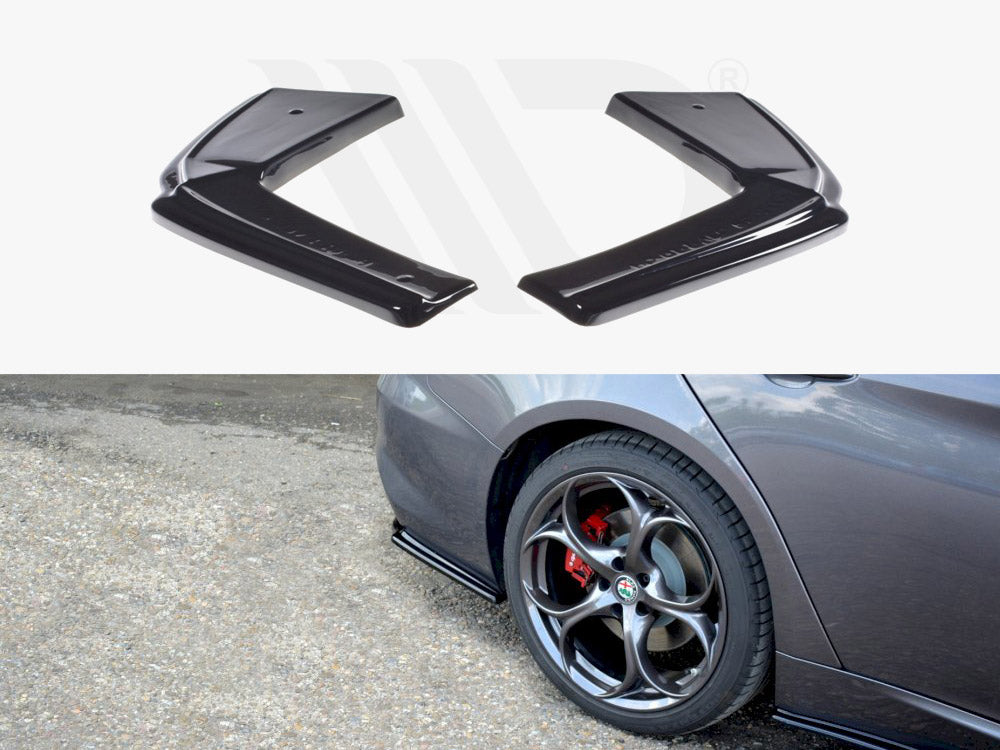 Two black car bumper corner protectors are shown. Below, a gray car with stylish rims and a red brake caliper is parked on a gravel path, featuring one protector installed.