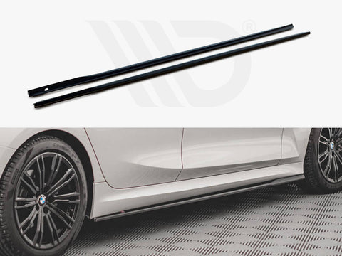 Two slim black car side skirts lie parallel on a white surface. Below, a white car with black alloy wheels displays the skirts attached, set on a patterned floor.