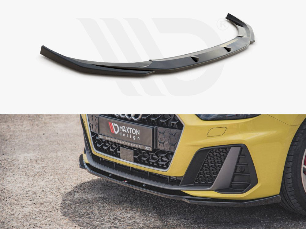Black car front bumper lip is shown installed on a yellow vehicle parked on asphalt. The license plate reads “Maxton Design” with additional contact information.