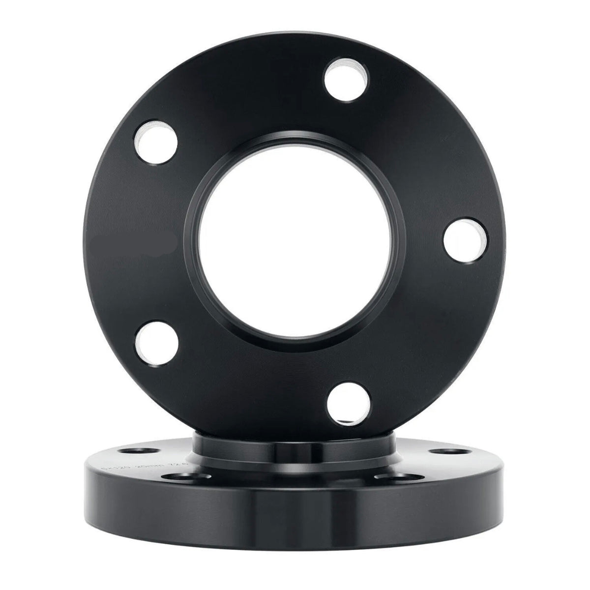 A black circular metal flange with five evenly spaced holes is stacked on a similar flange, set against a white background.
