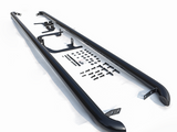 Black vehicle running boards featuring mounting brackets and hardware aligned in a structured layout; displayed on a white background.