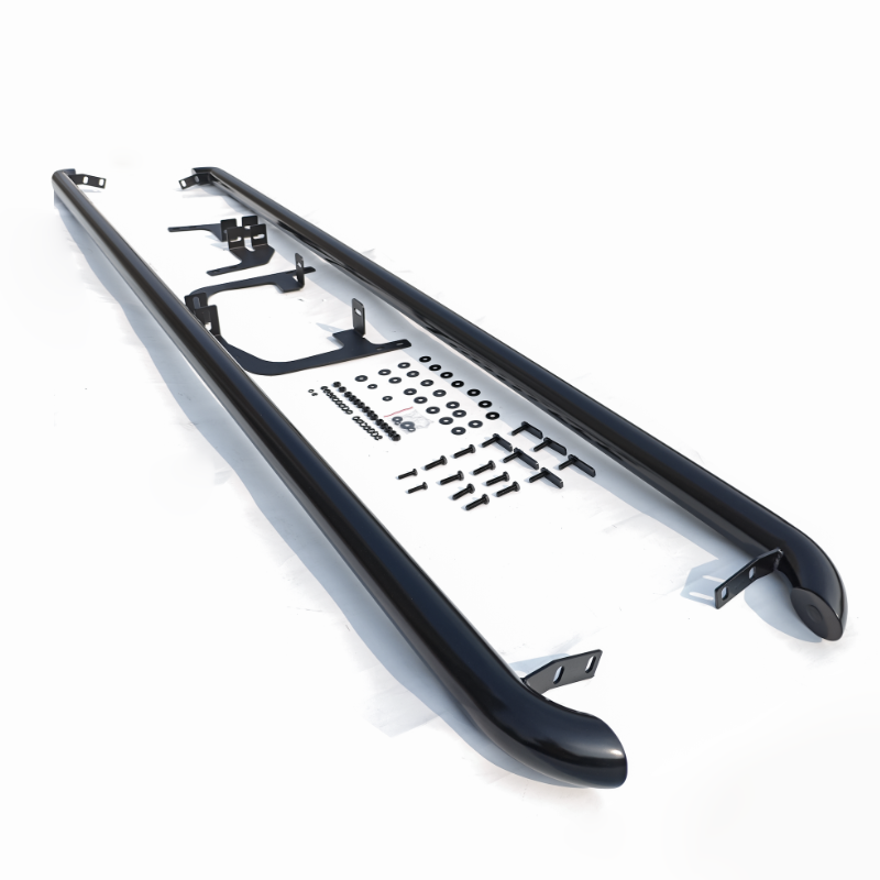 Black vehicle running boards featuring mounting brackets and hardware aligned in a structured layout; displayed on a white background.