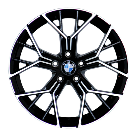 A black and silver alloy wheel features a multi-spoke design. The central hub displays the BMW logo, with the letters "BMW" encircling it. The background is white.