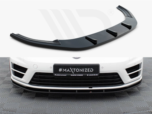 A black car front splitter is shown independently and installed on a white car's bumper. The white vehicle is parked on a patterned garage floor. License plate reads "#MAXTONIZED".
