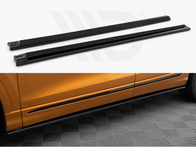 Two black side skirts are shown detached and then attached to the side of an orange vehicle. The placement is on a textured grey floor, enhancing vehicle aesthetics.