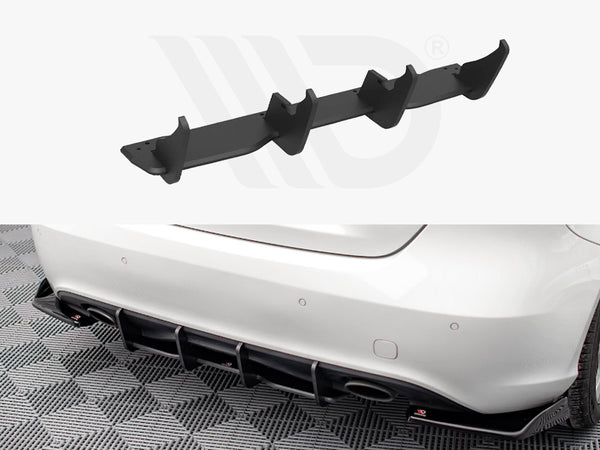 A black car diffuser, consisting of multiple fins, appears in two views: a close-up of the diffuser and its installation on the rear bumper of a white car on a checkered floor.