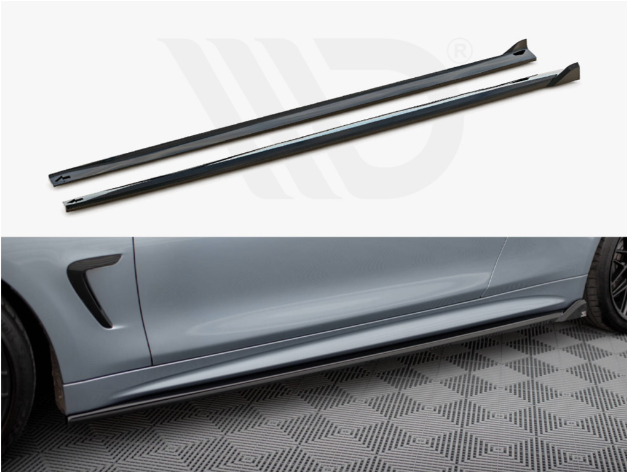 Two aerodynamic side skirts lie on a white surface, above a silver car's side view with the skirts installed, parked on a patterned floor.