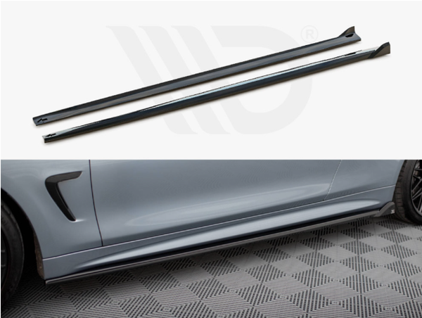 Two aerodynamic side skirts lie on a white surface, above a silver car's side view with the skirts installed, parked on a patterned floor.
