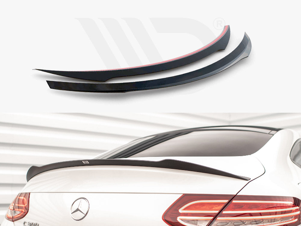 Two black car spoilers, one with a red trim, are displayed against a white background. Below, a white Mercedes with a spoiler is shown in a brightly lit garage.