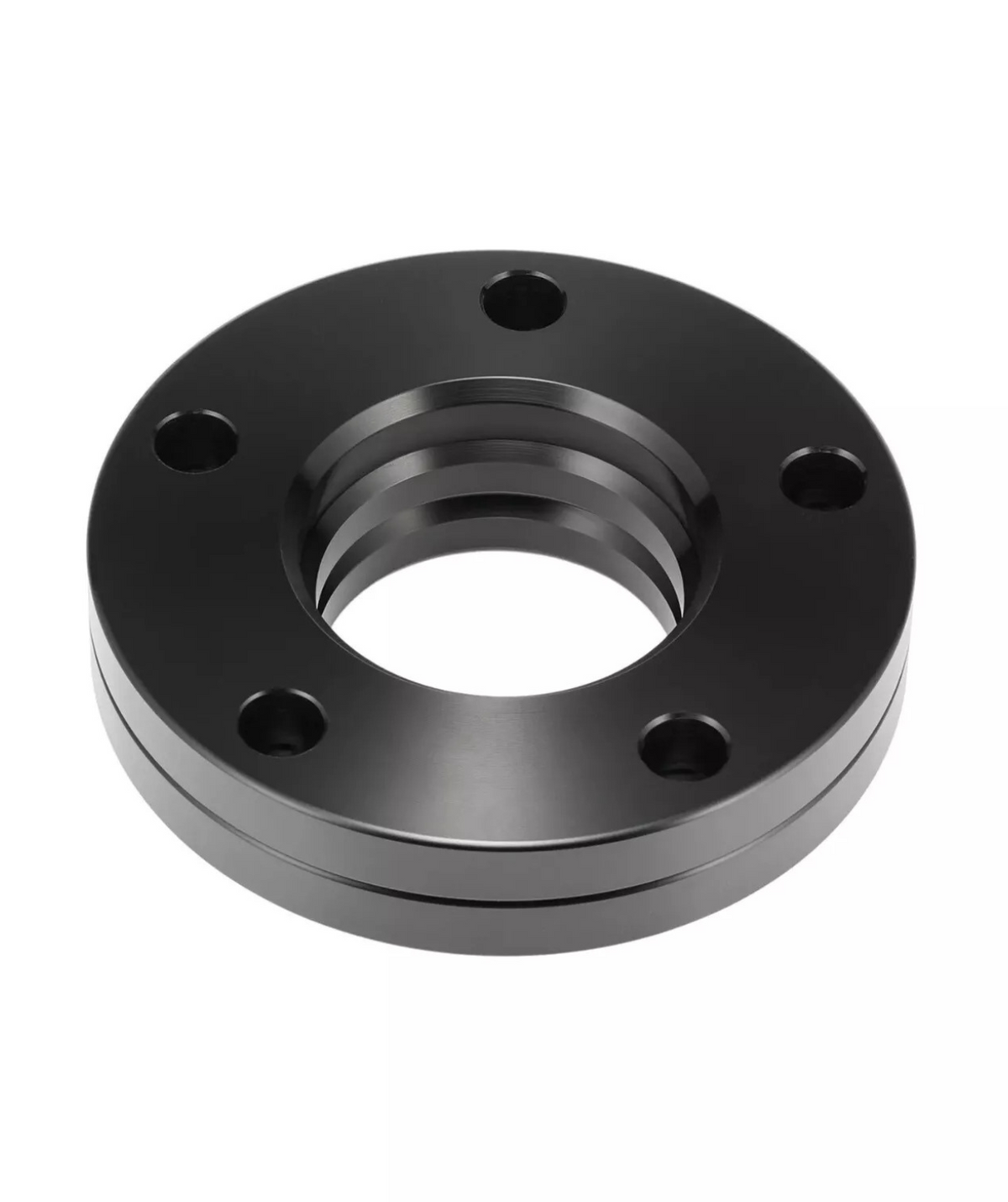A black metal flange with five bolt holes is resting on a white background. Its circular shape features a central hollow section with a threaded interior.