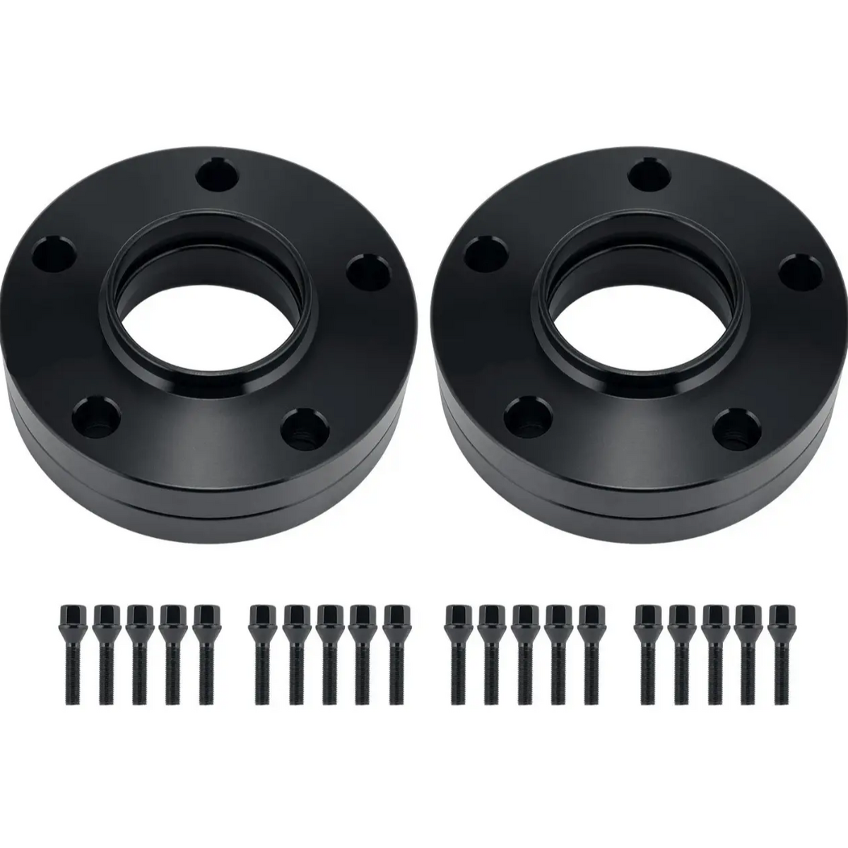 Two black circular wheel spacers with multiple bolt holes are placed side by side. Below each spacer, a row of black bolts and nuts is neatly aligned on a plain white background.