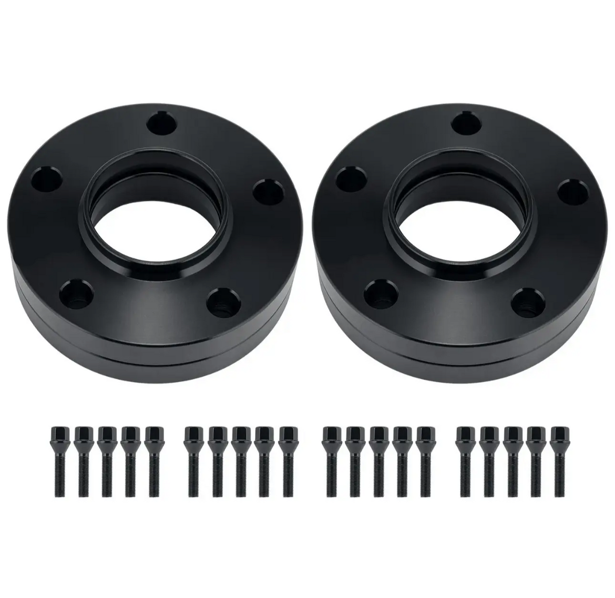 Two black circular wheel spacers with multiple bolt holes are placed side by side. Below each spacer, a row of black bolts and nuts is neatly aligned on a plain white background.