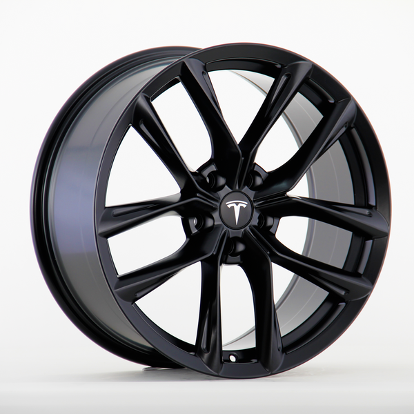 A black alloy wheel with ten sleek spokes displays a Tesla logo at the center. It rests on a plain white background, showcasing its glossy finish and intricate design.