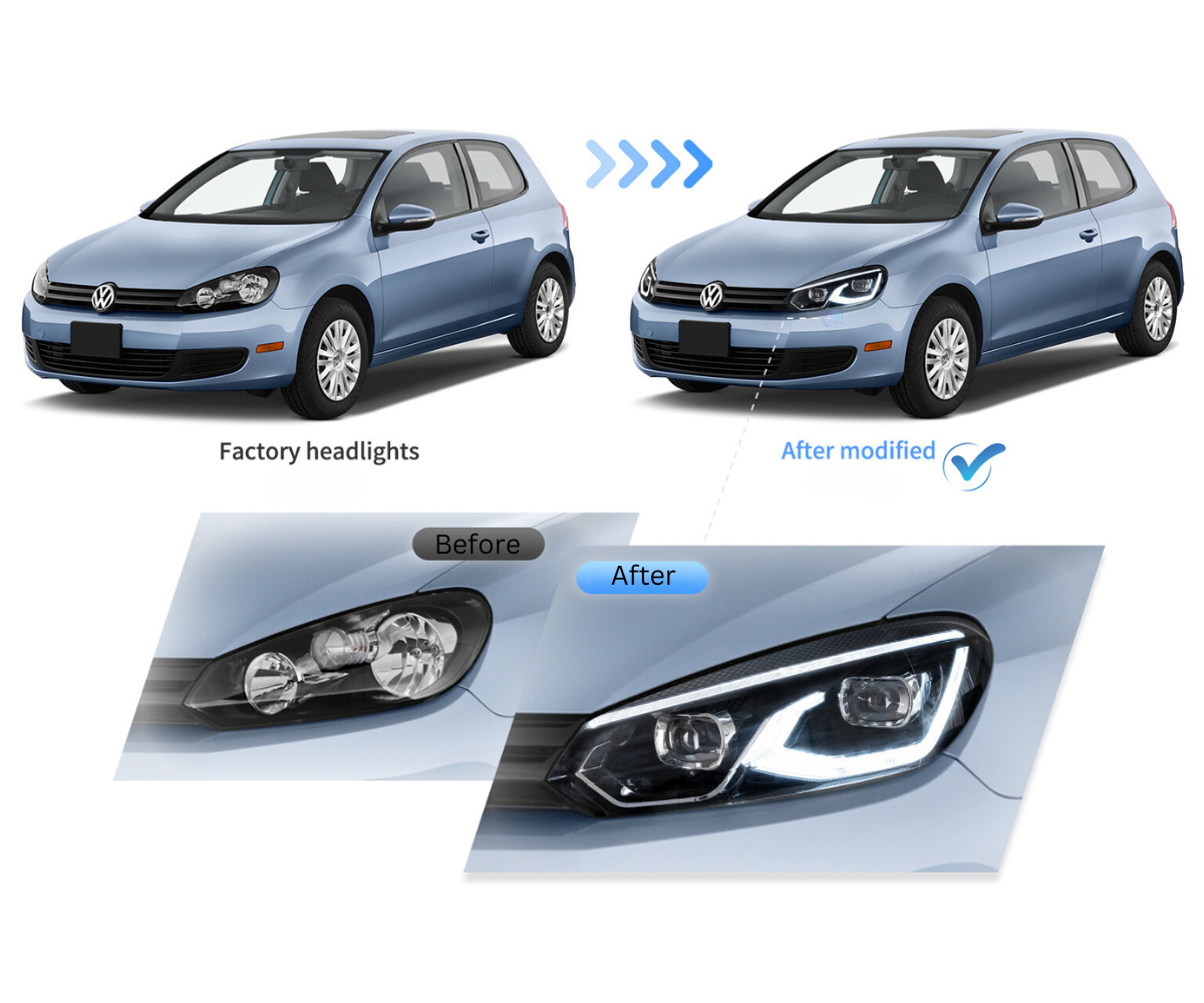 Two blue cars, shown before and after headlight modification. The "before" car has standard headlights, while the "after" car features upgraded, modern headlights. Text: "Factory headlights," "After modified," "Before," "After."
