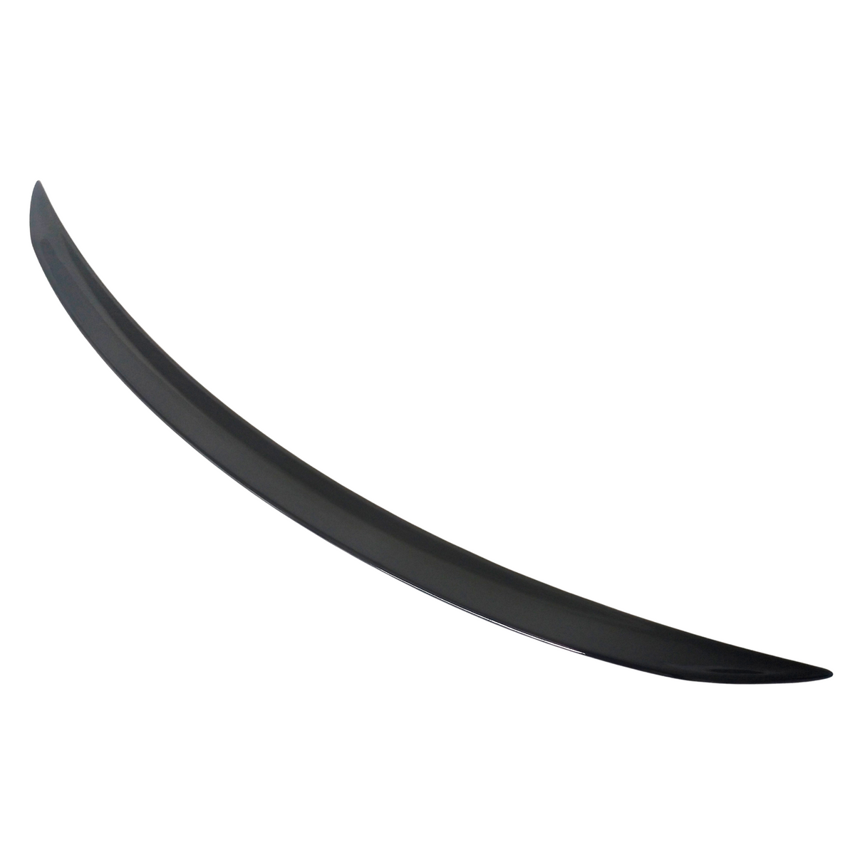 A sleek, curved, black spoiler sits isolated against a white background, suggesting it's an auto accessory designed to enhance vehicle aerodynamics.