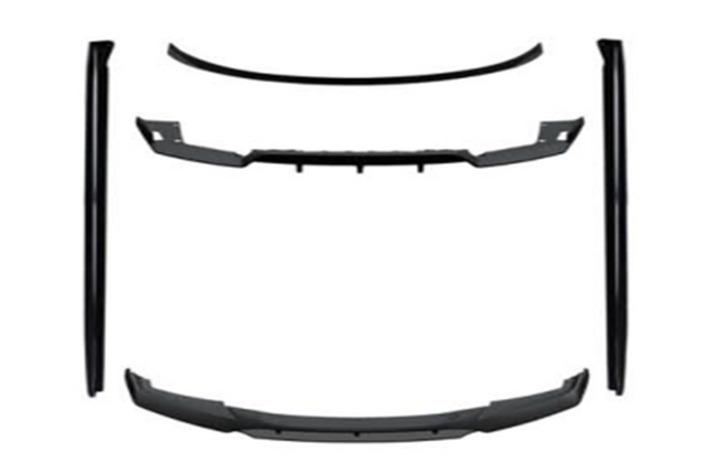 Car body kit components are displayed separately, including a front lip, side skirts, and rear spoiler, arranged symmetrically on a white background.