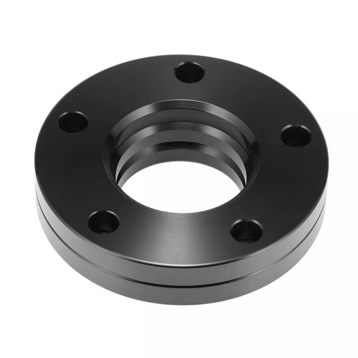 A black metal flange with a central threaded hole and four evenly spaced peripheral holes, resting on a plain white background.